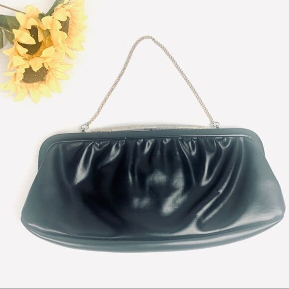 VTG 70s Black Vinyl Clutch Evening Bag Chain Strap - Picture 11 of 15